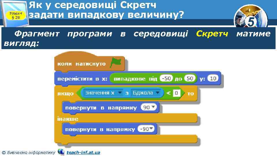 Розділ 4 § 28 Як у середовищі Скретч задати випадкову величину? 5 Фрагмент програми