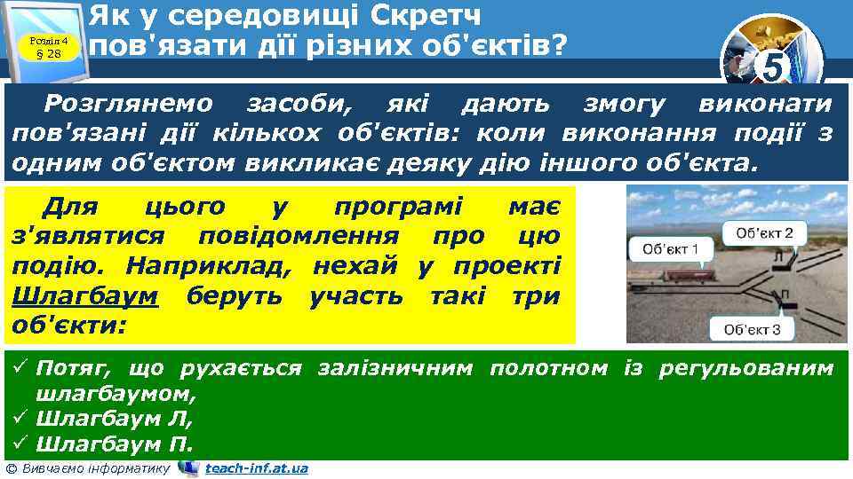 Розділ 4 § 28 Як у середовищі Скретч пов'язати дїї різних об'єктів? 5 Розглянемо