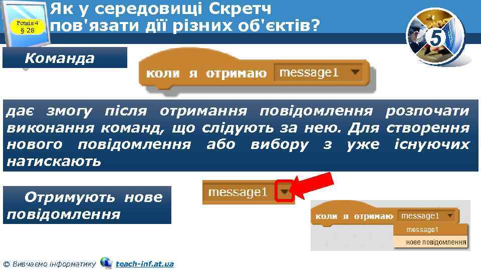 Розділ 4 § 28 Як у середовищі Скретч пов'язати дїї різних об'єктів? Команда 5