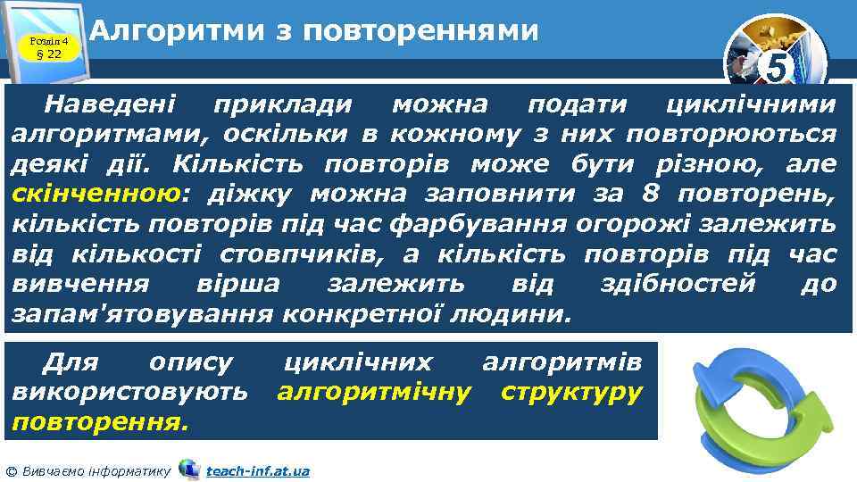 Розділ 4 § 22 Алгоритми з повтореннями 5 Наведені приклади можна подати циклічними алгоритмами,