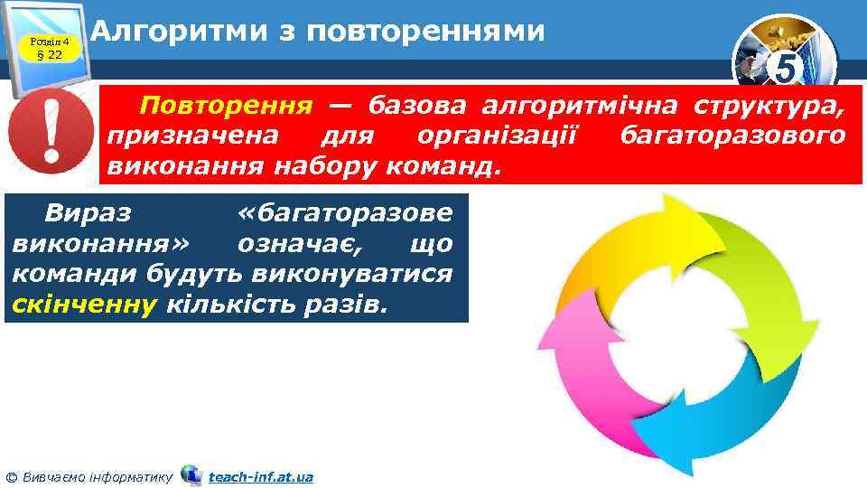 Розділ 4 § 22 Алгоритми з повтореннями 5 Повторення — базова алгоритмічна структура, призначена