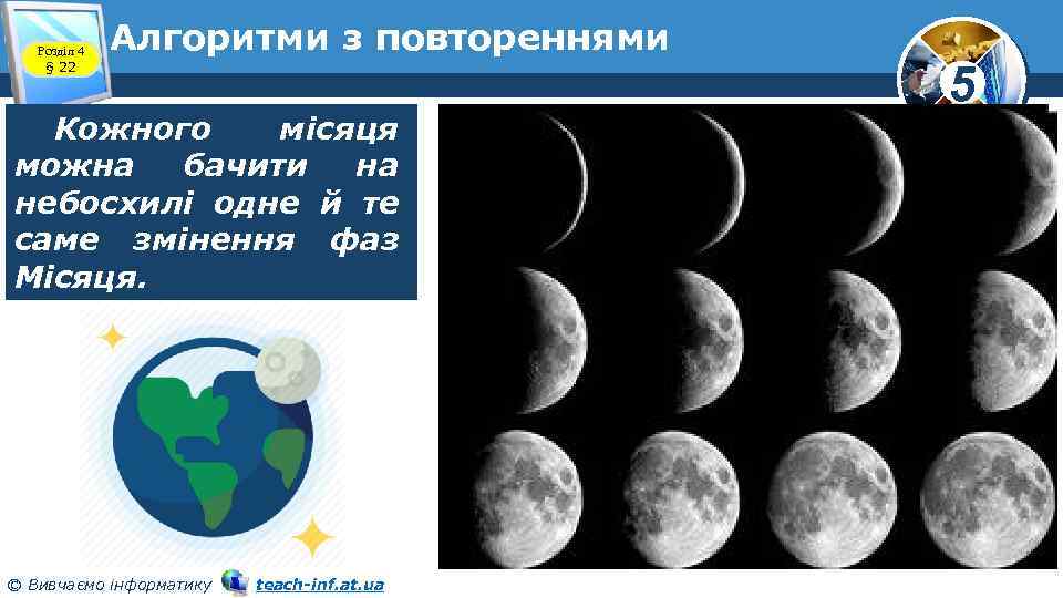 Розділ 4 § 22 Алгоритми з повтореннями Кожного місяця можна бачити на небосхилі одне