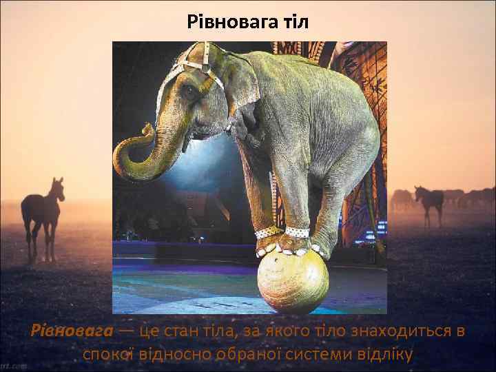 Рівновага тіл Рівновага — це стан тіла, за якого тіло знаходиться в спокої відносно