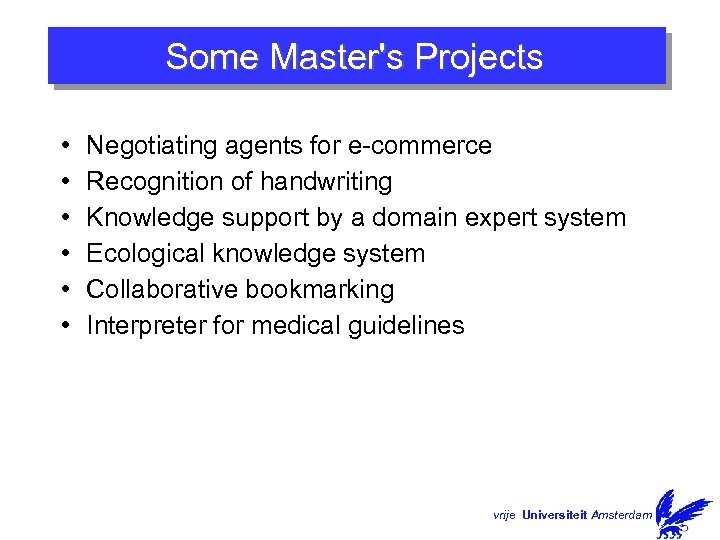 Some Master's Projects • • • Negotiating agents for e-commerce Recognition of handwriting Knowledge