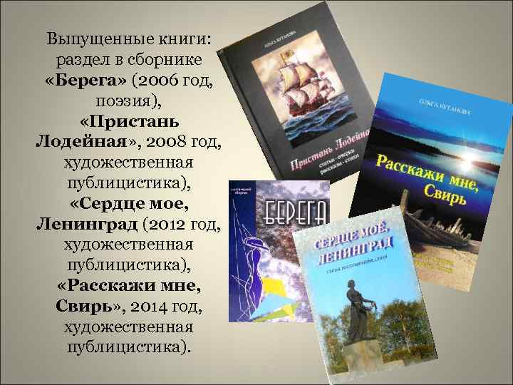 Выпущенные книги: раздел в сборнике «Берега» (2006 год, поэзия), «Пристань Лодейная» , 2008 год,