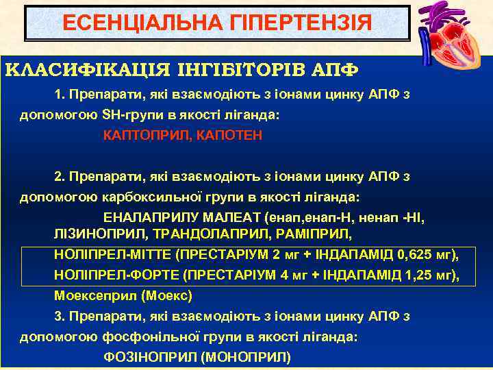 ЕСЕНЦІАЛЬНА ГІПЕРТЕНЗІЯ КЛАСИФІКАЦІЯ ІНГІБІТОРІВ АПФ 1. Препарати, які взаємодіють з іонами цинку АПФ з