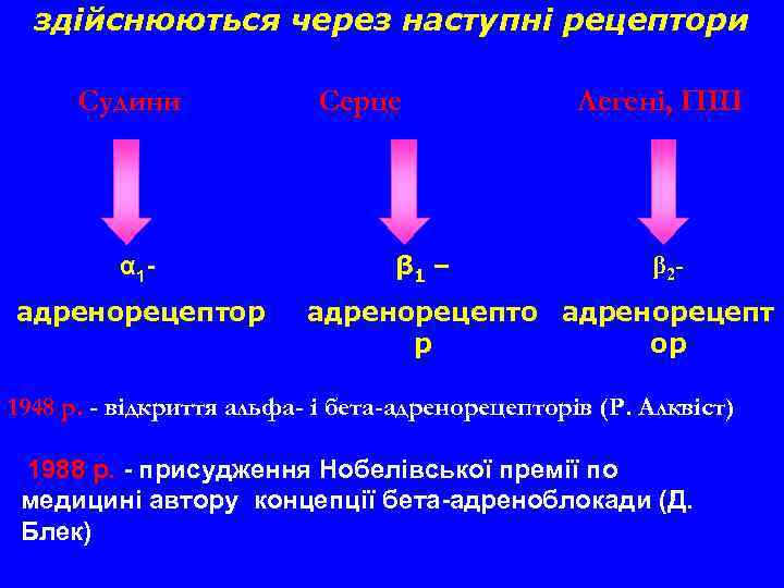 здійснюються через наступні рецептори Судини α 1 адренорецептор Серце β 1 – Легені, ПШ