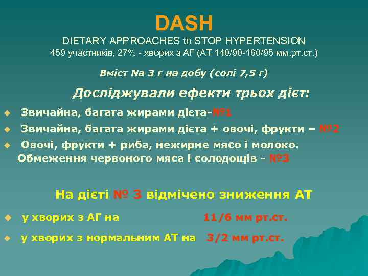 DASH DIETARY APPROACHES to STOP HYPERTENSION 459 участників, 27% - хворих з АГ (АТ