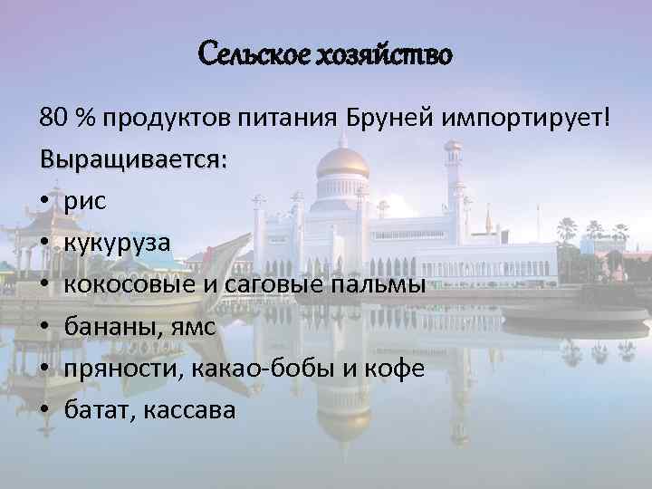 Сельское хозяйство 80 % продуктов питания Бруней импортирует! Выращивается: • рис • кукуруза •