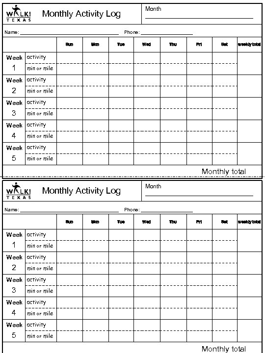 Month _________________________________ Monthly Activity Log Name: ____________________________________ Sun Mon Phone: ___________________ Tue Wed Thu