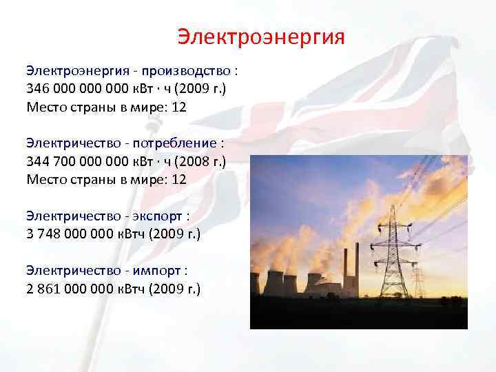 Электроэнергия - производство : 346 000 000 к. Вт · ч (2009 г. )