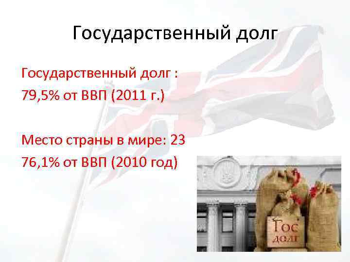 Государственный долг : 79, 5% от ВВП (2011 г. ) Место страны в мире: