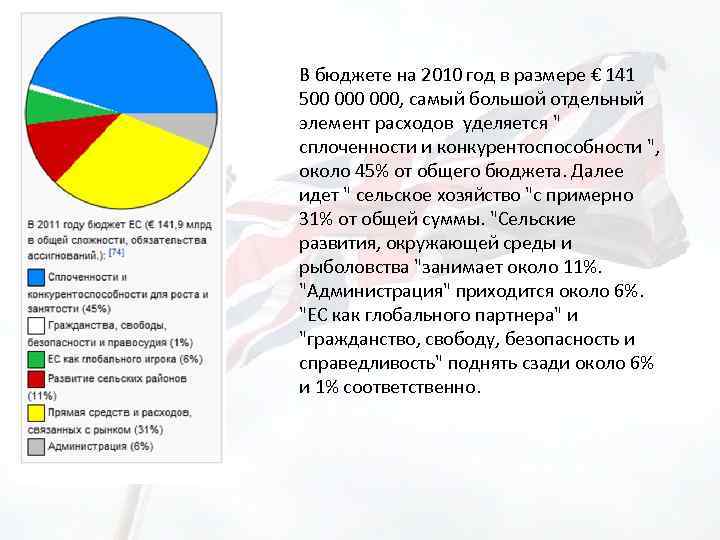 В бюджете на 2010 год в размере € 141 500 000, самый большой отдельный