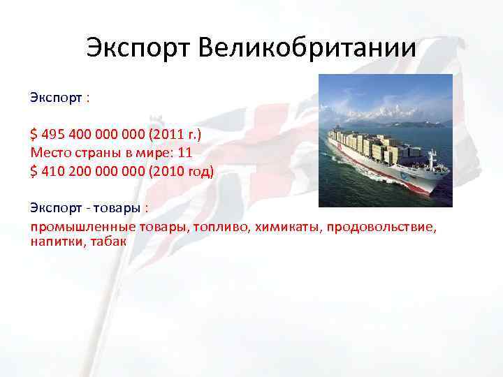 Экспорт Великобритании Экспорт : $ 495 400 000 (2011 г. ) Место страны в