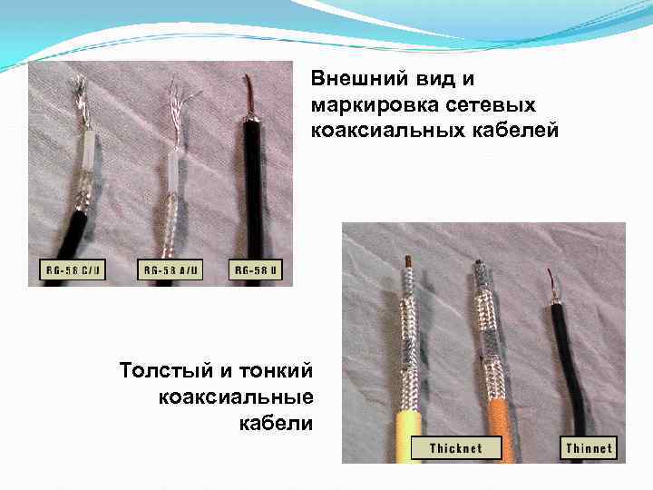 Внешний вид и маркировка сетевых коаксиальных кабелей Толстый и тонкий коаксиальные кабели 