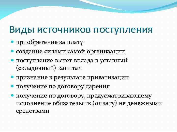 Виды источников поступления приобретение за плату создание силами самой организации поступление в счет вклада