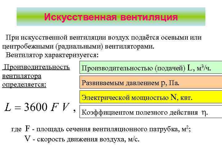 Искусственная вентиляция При искусственной вентиляции воздух подаётся осевыми или центробежными (радиальными) вентиляторами. Вентилятор характеризуется: