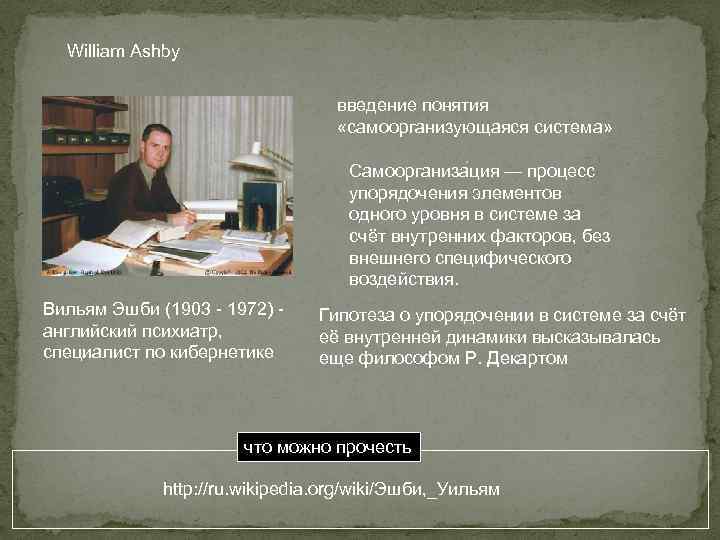William Ashby введение понятия «самоорганизующаяся система» Самоорганиза ция — процесс упорядочения элементов одного уровня