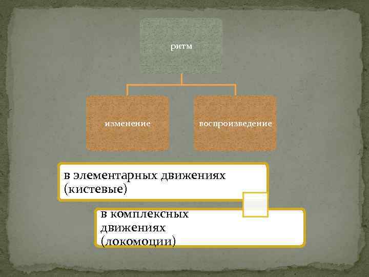 ритм изменение воспроизведение в элементарных движениях (кистевые) в комплексных движениях (локомоции) 