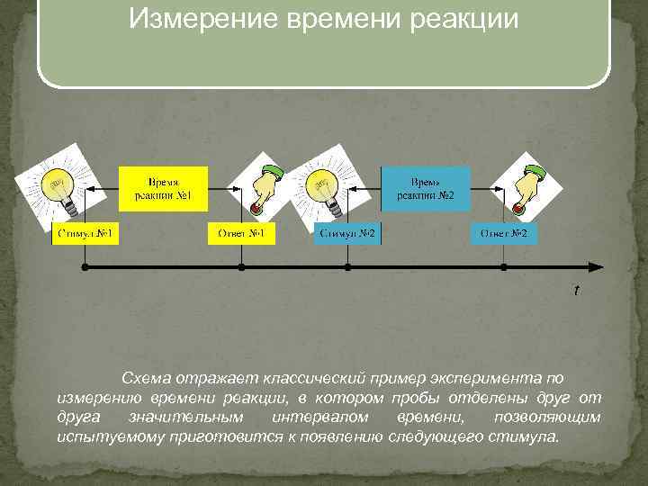 Измерение времени реакции Схема отражает классический пример эксперимента по измерению времени реакции, в котором