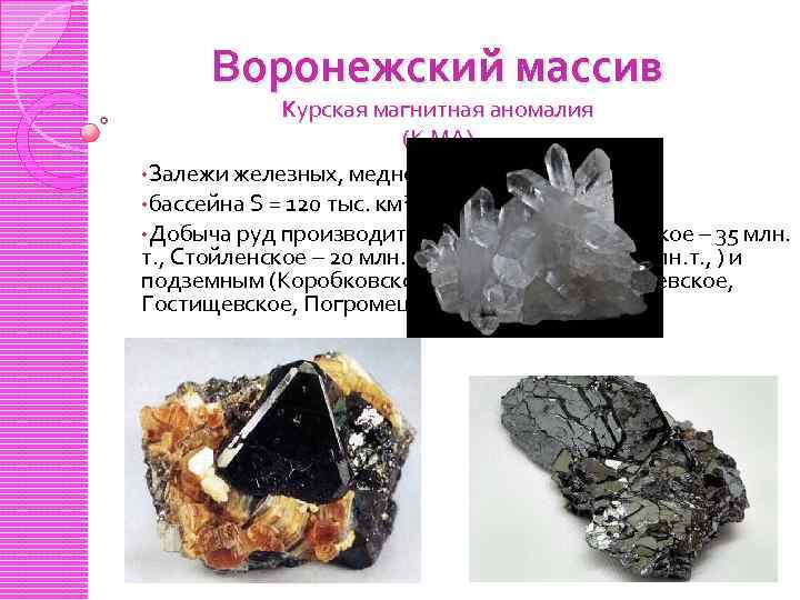 Воронежский массив Курская магнитная аномалия (К МА) • Залежи железных, медно-никелевых руд • бассейна