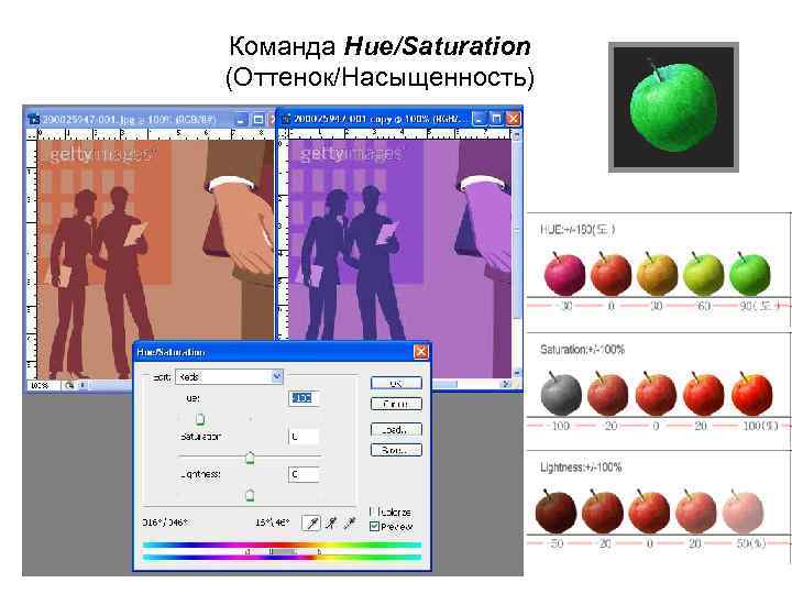 Команда Hue/Saturation (Оттенок/Насыщенность) 