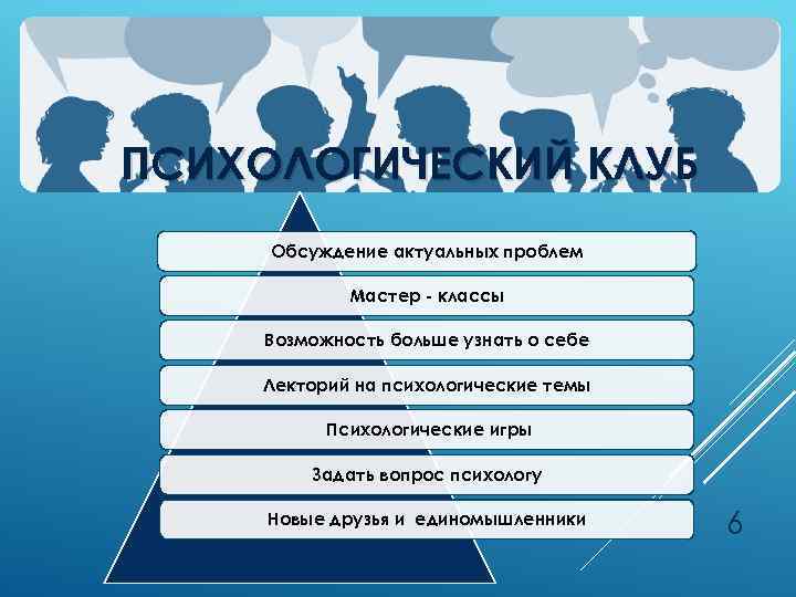 ПСИХОЛОГИЧЕСКИЙ КЛУБ Обсуждение актуальных проблем Мастер - классы Возможность больше узнать о себе Лекторий