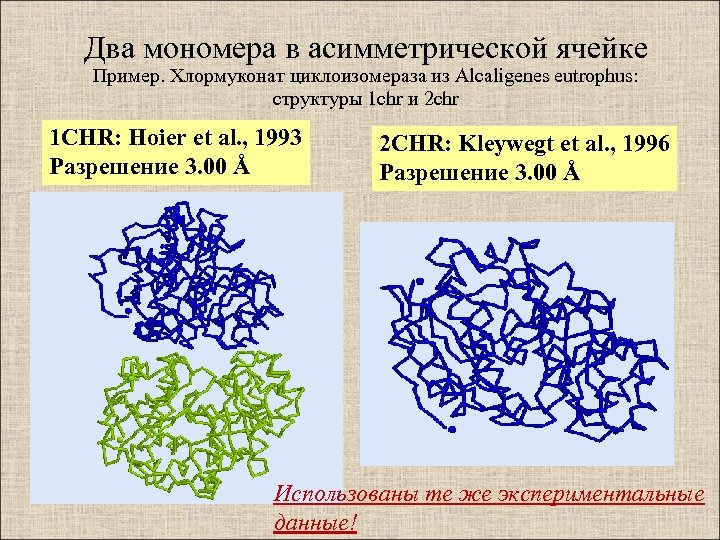 Два мономера в асимметрической ячейке Пример. Хлормуконат циклоизомераза из Alcaligenes eutrophus: структуры 1 chr