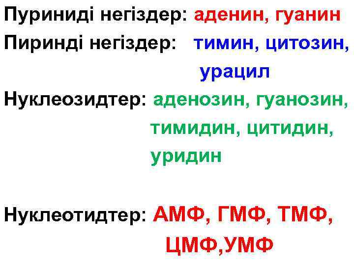 Пуриниді негіздер: аденин, гуанин Пиринді негіздер: тимин, цитозин, урацил Нуклеозидтер: аденозин, гуанозин, тимидин, цитидин,