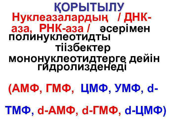 ҚОРЫТЫЛУ Нуклеазалардың / ДНК аза, РНК-аза / әсерімен полинуклеотидты тіізбектер мононуклеотидтерге дейін гидролизденеді (АМФ,