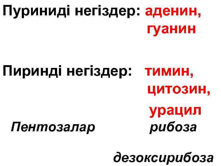 Пуриниді негіздер: аденин, гуанин Пиринді негіздер: тимин, цитозин, урацил Пентозалар рибоза дезоксирибоза 