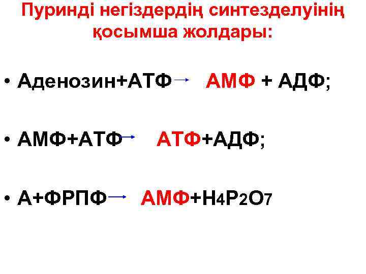Пуринді негіздердің синтезделуінің қосымша жолдары: • Аденозин+АТФ АМФ + АДФ; • АМФ+АТФ АТФ+АДФ; •