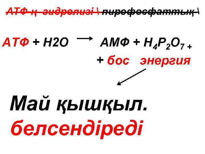 АТФ-ң гидролизі  пирофосфаттық  АТФ + Н 2 О АМФ + Н 4