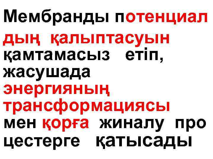 Мембранды потенциал дың қалыптасуын қамтамасыз етіп, жасушада энергияның трансформациясы мен қорға жиналу про цестерге