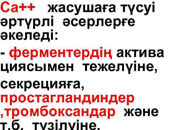 Са++ жасушаға түсуі әртүрлі әсерлерғе әкеледі: - ферментердің актива циясымен тежелүіне, секрецияға, простагландиндер ,
