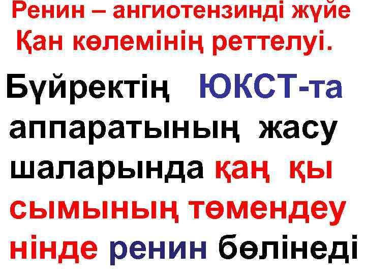 Ренин – ангиотензинді жүйе Қан көлемінің реттелуі. Бүйректің ЮКСТ-та аппаратының жасу шаларында қаң қы