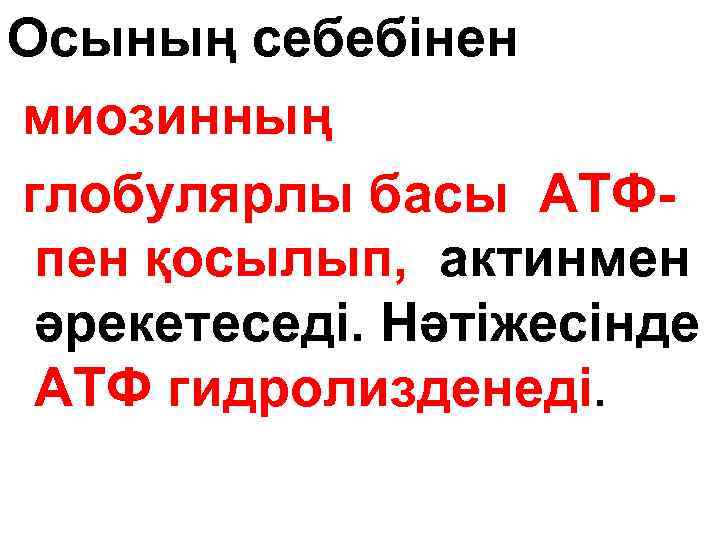 Осының себебінен миозинның глобулярлы басы АТФпен қосылып, актинмен әрекетеседі. Нәтіжесінде АТФ гидролизденеді. 