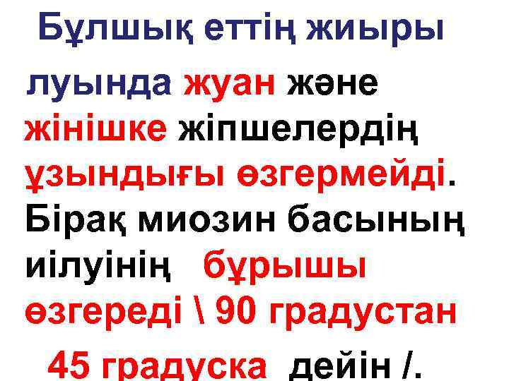  Бұлшық еттің жиыры луында жуан және жінішке жіпшелердің ұзындығы өзгермейді. Бірақ миозин басының