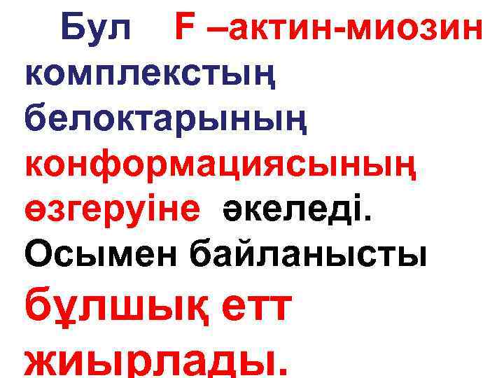  Бул F –актин-миозин комплекстың белоктарының конформациясының өзгеруіне әкеледі. Осымен байланысты бұлшық етт жиырлады.