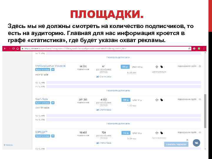 ПЛОЩАДКИ. Здесь мы не должны смотреть на количество подписчиков, то есть на аудиторию. Главная