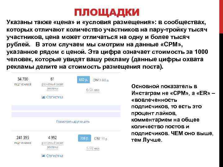 ПЛОЩАДКИ Указаны также «цена» и «условия размещения» : в сообществах, которых отличают количество участников