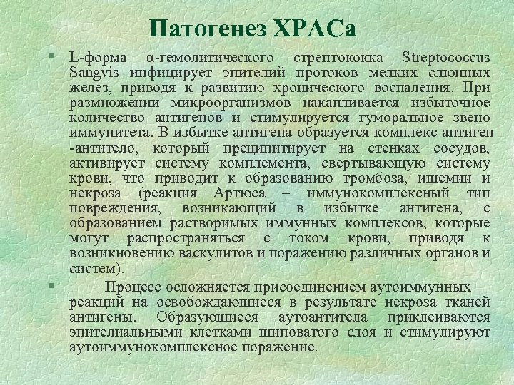 Патогенез ХРАСа § L-форма α-гемолитического стрептококка Streptococcus Sangvis инфицирует эпителий протоков мелких слюнных желез,