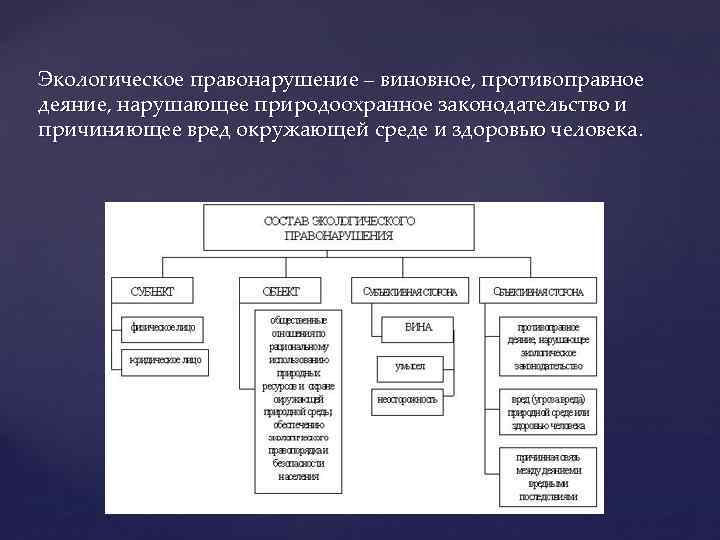 Экологическое правонарушение – виновное, противоправное деяние, нарушающее природоохранное законодательство и причиняющее вред окружающей среде