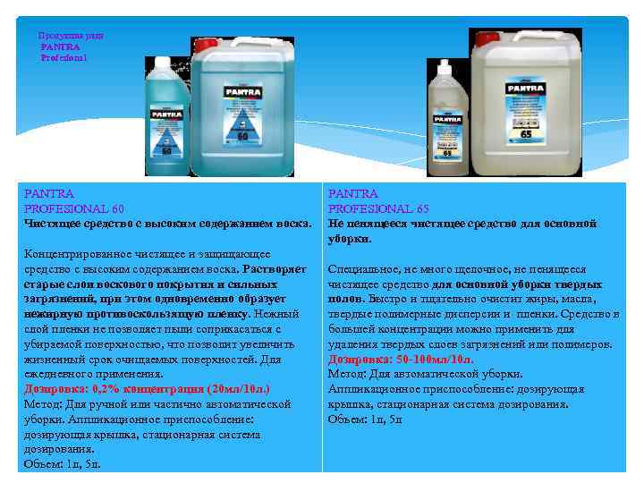 Продукция ряда PANTRA Profesional PANTRA PROFESIONAL 60 Чистящее средство с высоким содержанием воска. Концентрированное