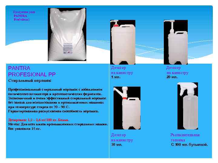 Продукция ряда PANTRA Profesional PANTRA PROFESIONAL PP Стиральный порошок Дозатор на канистру 5 мл.