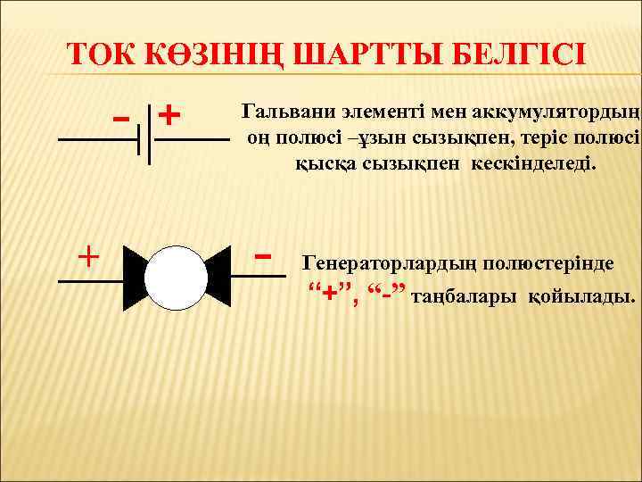 ТОК КӨЗІНІҢ ШАРТТЫ БЕЛГІСІ Гальвани элементі мен аккумулятордың оң полюсі –ұзын сызықпен, теріс полюсі