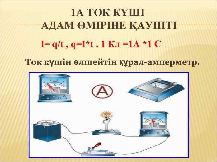 1 А ТОК КҮШІ АДАМ ӨМІРІНЕ ҚАУІПТІ I= q/t , q=I*t. 1 Кл =1