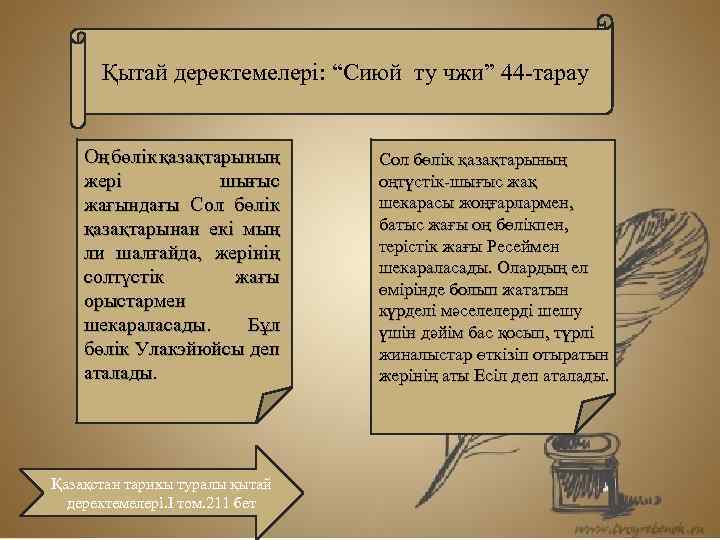Қытай деректемелері: “Сиюй ту чжи” 44 -тарау Оң бөлік қазақтарының жері шығыс жағындағы Сол