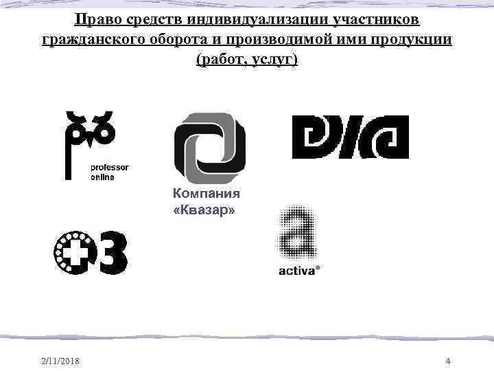 Право средств индивидуализации участников гражданского оборота и производимой ими продукции (работ, услуг) Компания «Квазар»