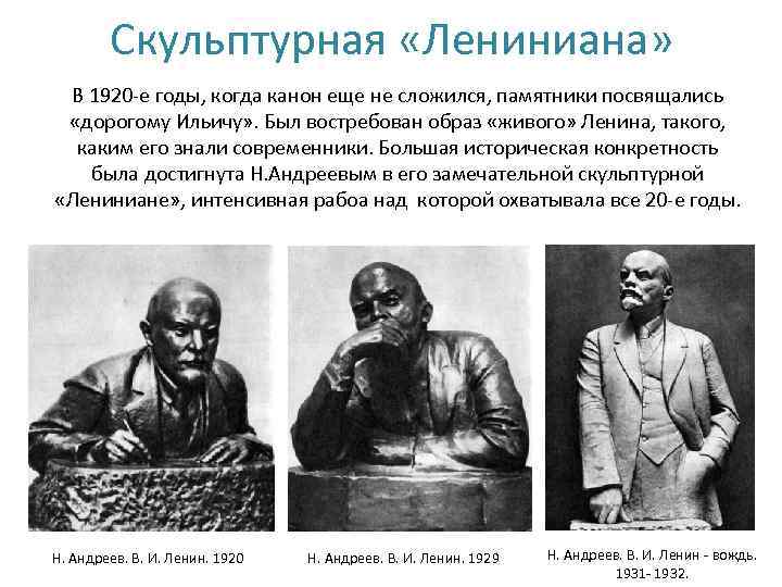 Скульптурная «Лениниана» В 1920 -е годы, когда канон еще не сложился, памятники посвящались «дорогому